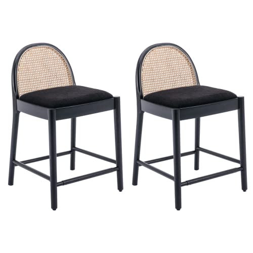 HEAH-YO Rattan Counter Stools Set of 2, 26 Inches Counter Height Bar Stools with Rattan Backrests and Wood Legs, Upholstered Sherpa Fabric Kitchen Stool for Island, Black | Amazon (US)