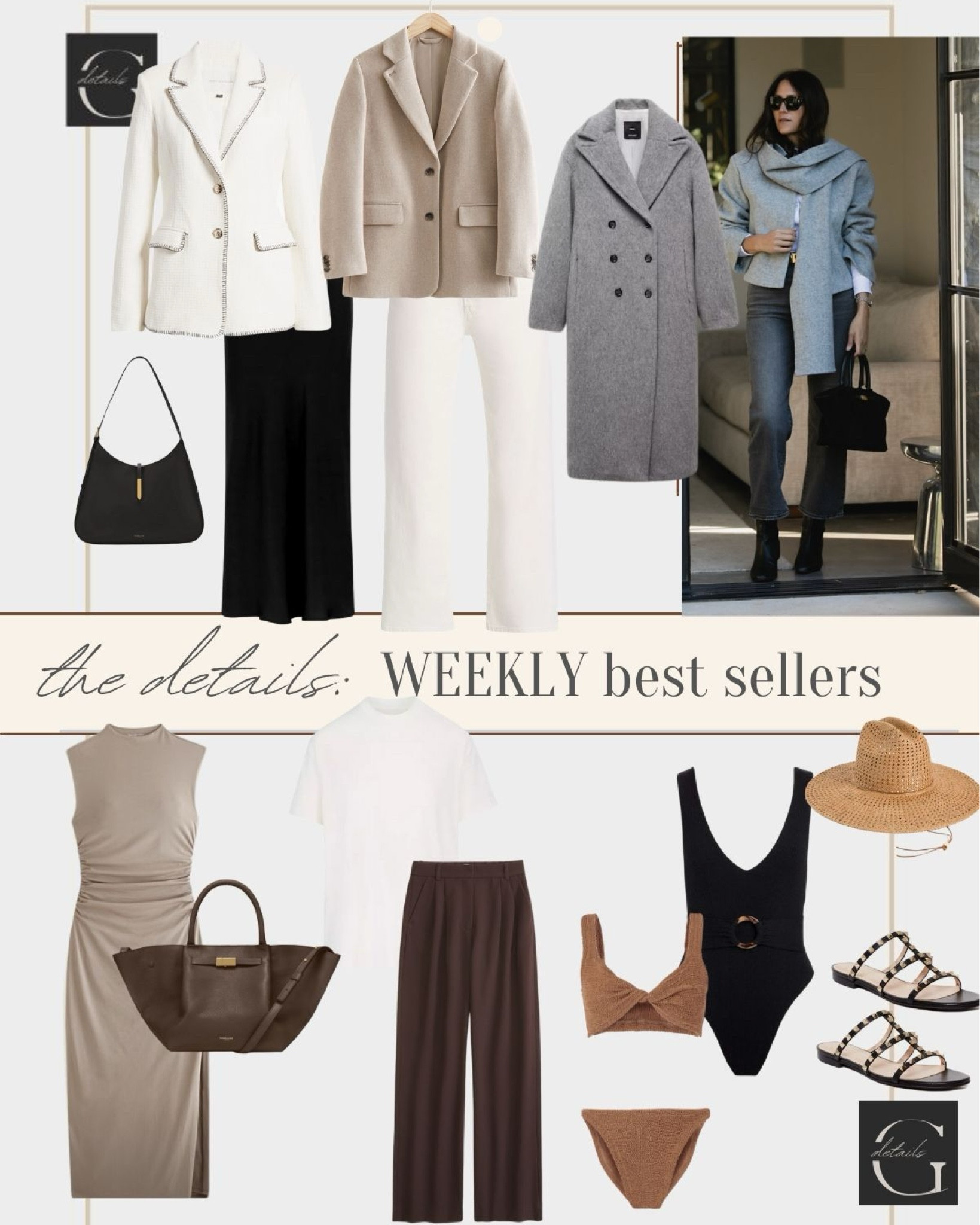 Weekly best sellers

Black one piece swimsuit
Cream jeans
Black sandals
Grey coat
White blazer
Tan blazer
Work bag
Spring back
Capsule bags
Beach vacation 
Style over 40
Brown pants
Abercrombie dress
Abercrombie trousers 

#LTKsalealert #LTKstyletip #LTKover40