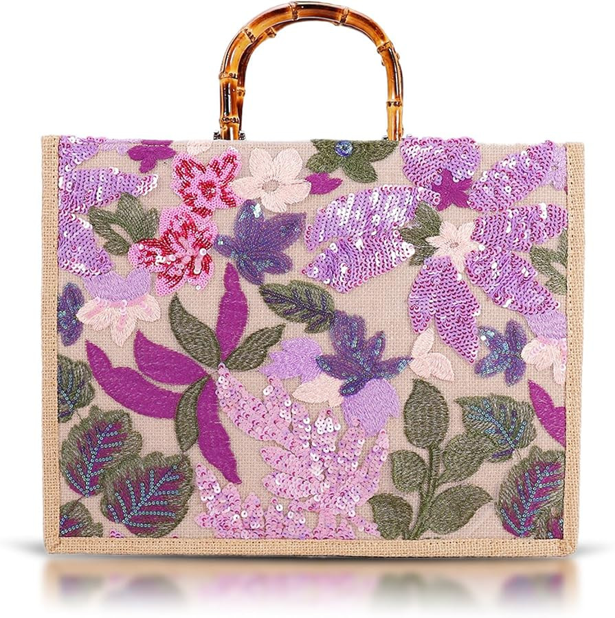 Tote Bag, Sackcloth Handbags for Women, Sequin Embroidery Beach Bags, Natural Bamboo Handle, Bohe... | Amazon (US)
