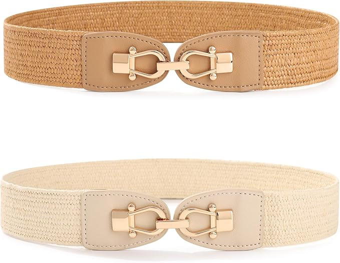 Kajeer Women Belt Elastic Waist, 2 Pcs Women Straw Belt Metal buckle Breathable Boho Braided Belt... | Amazon (US)