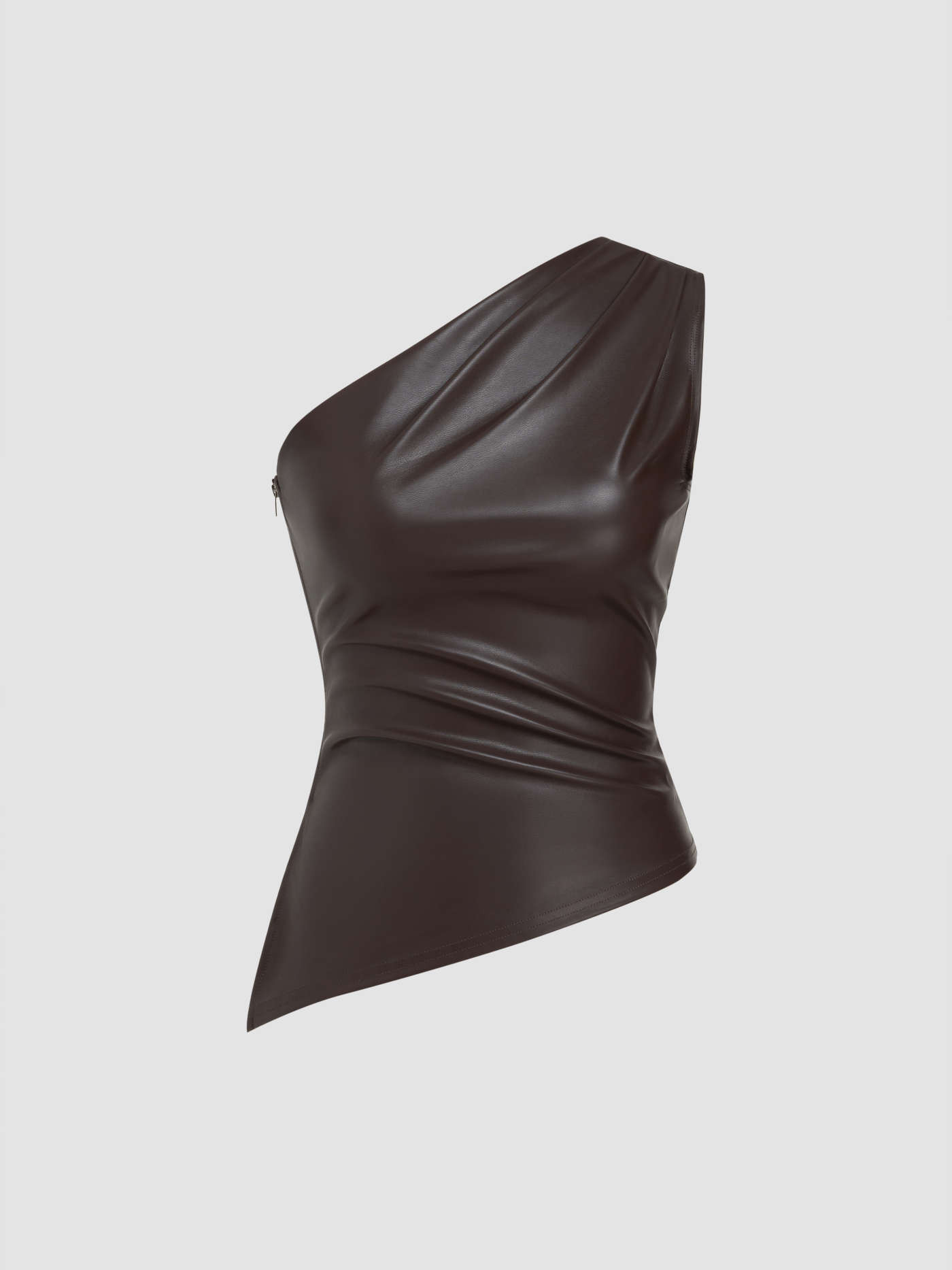 Faux Leather Asymmetrical Neck Solid Ruched Crop Top | Cider