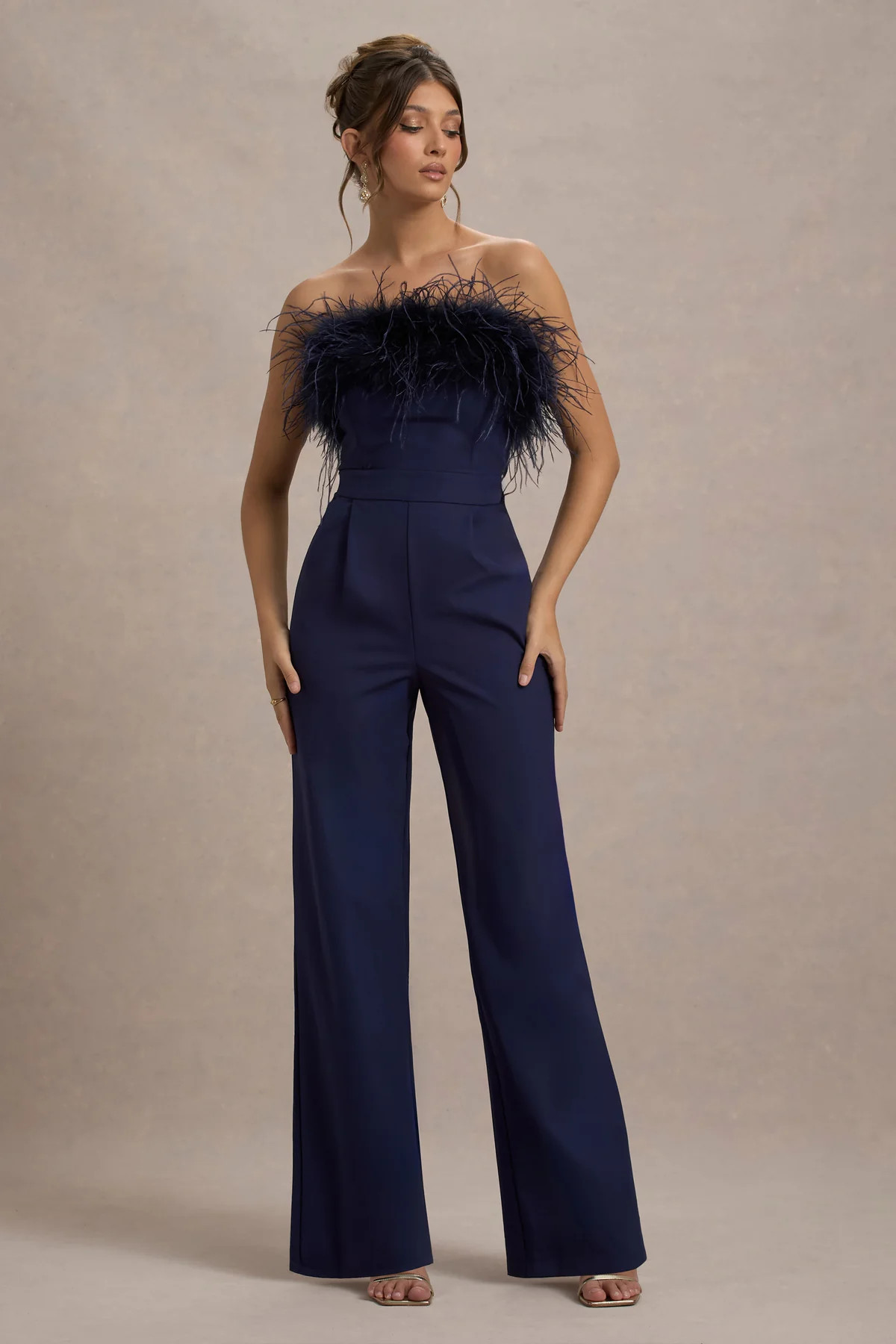 First Class | Navy Bandeau Feather Wide Leg Jumpsuit | Club L London