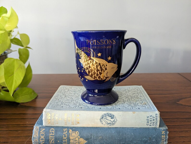 Zodiac Pisces Mug in French, Blue and Gold // Vintage French Poissons Mug // Zodiac Fish Mug // A... | Etsy (US)