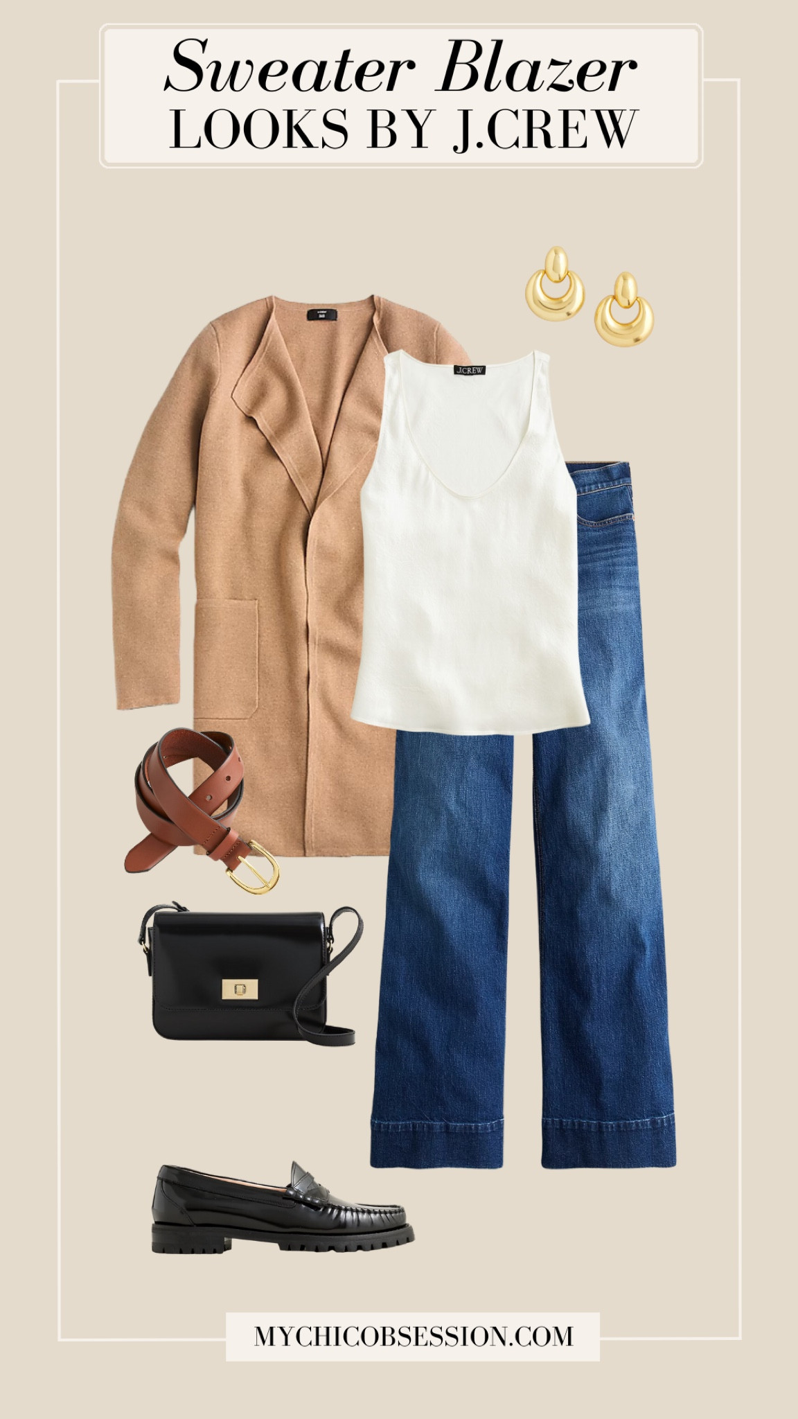 Plan a chic look for casual Friday this fall with the J.Crew sweater blazer. Pair it with wide-leg jeans in a dark wash, a silk cream tank top, a leather belt, gold earrings and leather loafers.

#LTKSeasonal #LTKStyleTip #LTKWorkwear