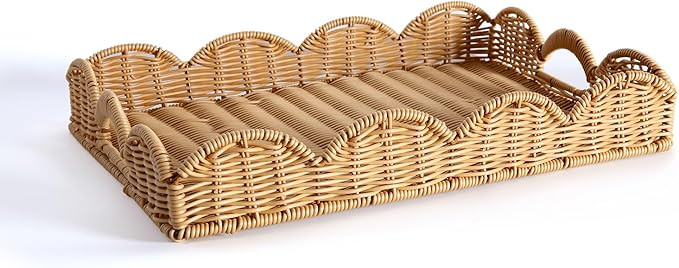 Scalloped Edge Imitation Rattan Tray Basket,17"*13" Super Hard Rectangle Hand Woven Wicker Servin... | Amazon (US)