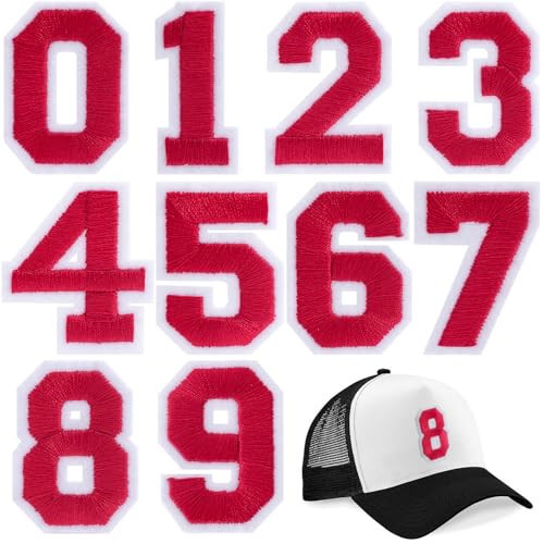 HINZIC 10Pcs Number Patches Iron on, 0-9 Number Sew on Embroidery Applique for Clothes Varsity Team Jerseys Rugby Sports Football Volleyball Hats Jacket - Light Red | Amazon (US)