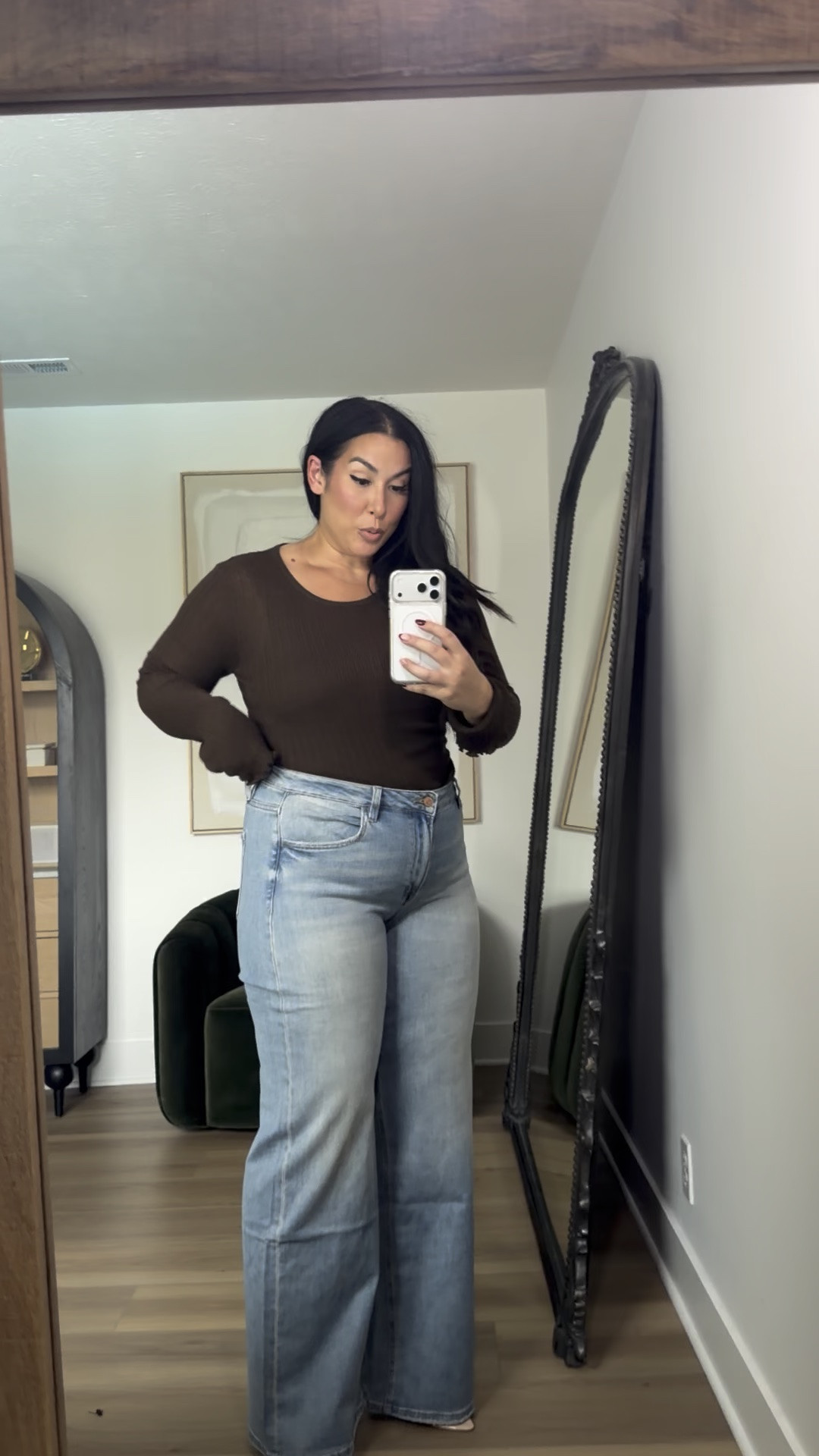 These jeans are magical. So comfortable, will not pull across the belly and so stretchy! This top has a built in tank! Wearing an XL & size 32. Use code: BONNIE40 @vici, fall style, fall loungewear, matching set, fall dresses 

 #LTKSeasonal #LTKMidsize