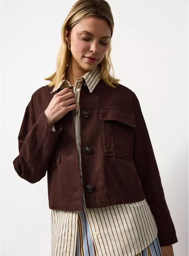 Buy Khaki Cropped Linen Blend Shacket 22 | Coats | Tu | Tu Clothing