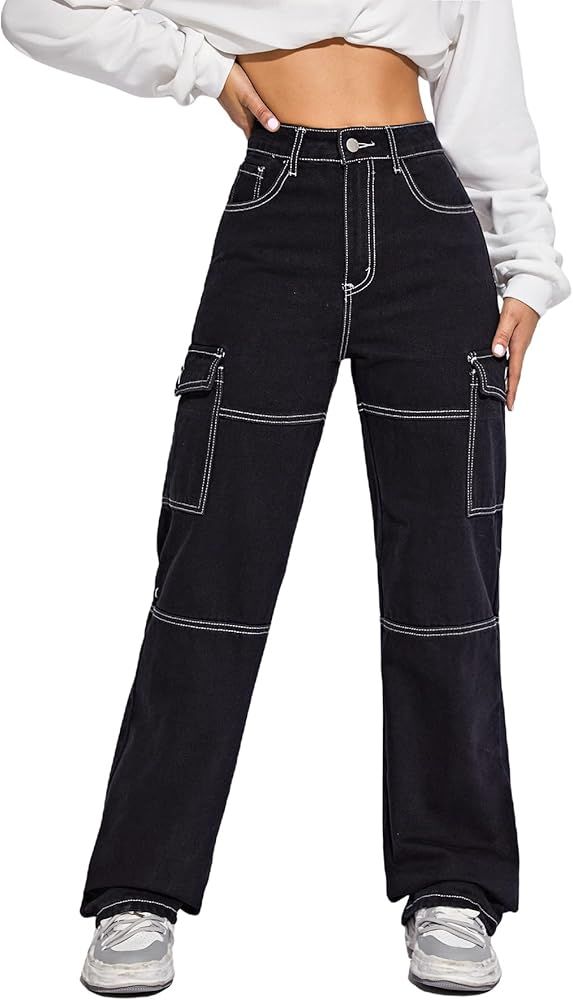 MakeMeChic Women's High Waisted Flap Pocket Stitch Straight Leg Jeans Cargo Denim Pants | Amazon (US)