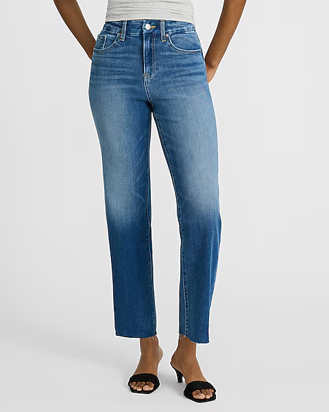 High Waisted Medium Wash FlexX Raw Hem Straight Ankle Jeans | Express