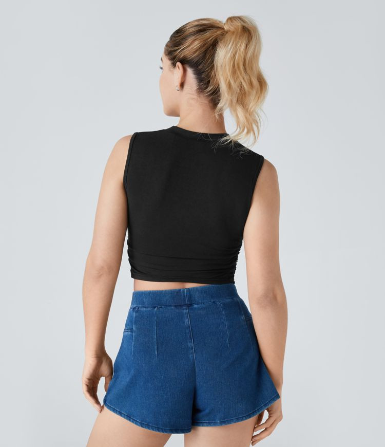 Women’s Round Neck Ruched Skinny Cropped Casual Tank Top - Halara | HALARA