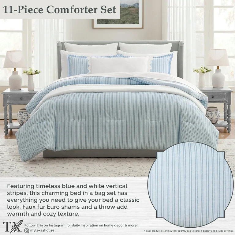 My Texas House Stripe 11-Piece Comforter Set with Sheets, Blue, Queen | Walmart (US)