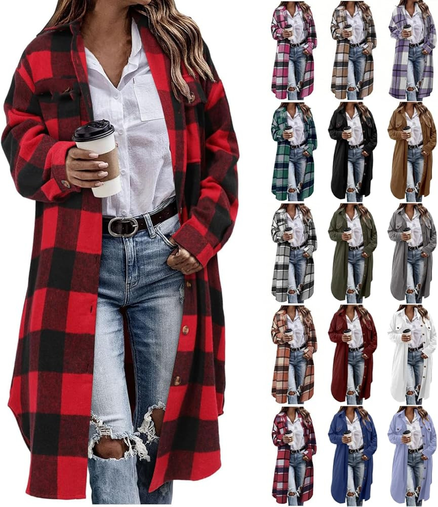 Flannel Shirt Women Plaid Jacket Womens Shacket Casual Lapel Button Down Long Sleeve Trench Coat ... | Amazon (US)