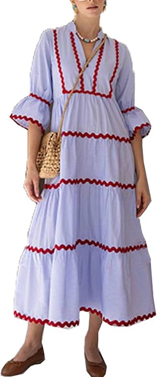 utcoco Women's Summer Beach Vacation Boho Striped RIC Rac Dress Flutter 3/4 Sleeve Tiered A Line ... | Amazon (US)