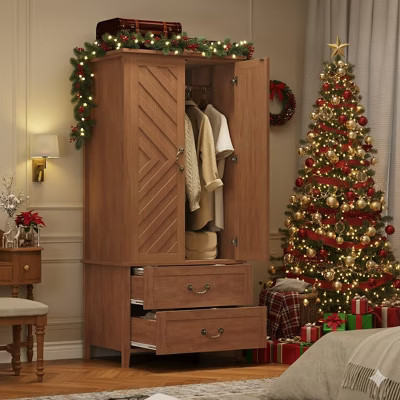 V Shape Armoire Wardrobe Closet with 2 Doors and 2 Drawers, 71.06" Farmhouse Wooden Tall Bedroom Storage Cabinet with Hanging Rod, Large Capacity | Target