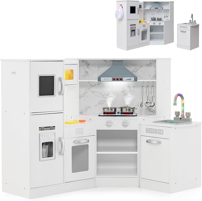 Costzon Corner Kids Kitchen Playset, 2-Piece Wooden Toy Kitchen Set and Washing Basin with Microw... | Amazon (US)