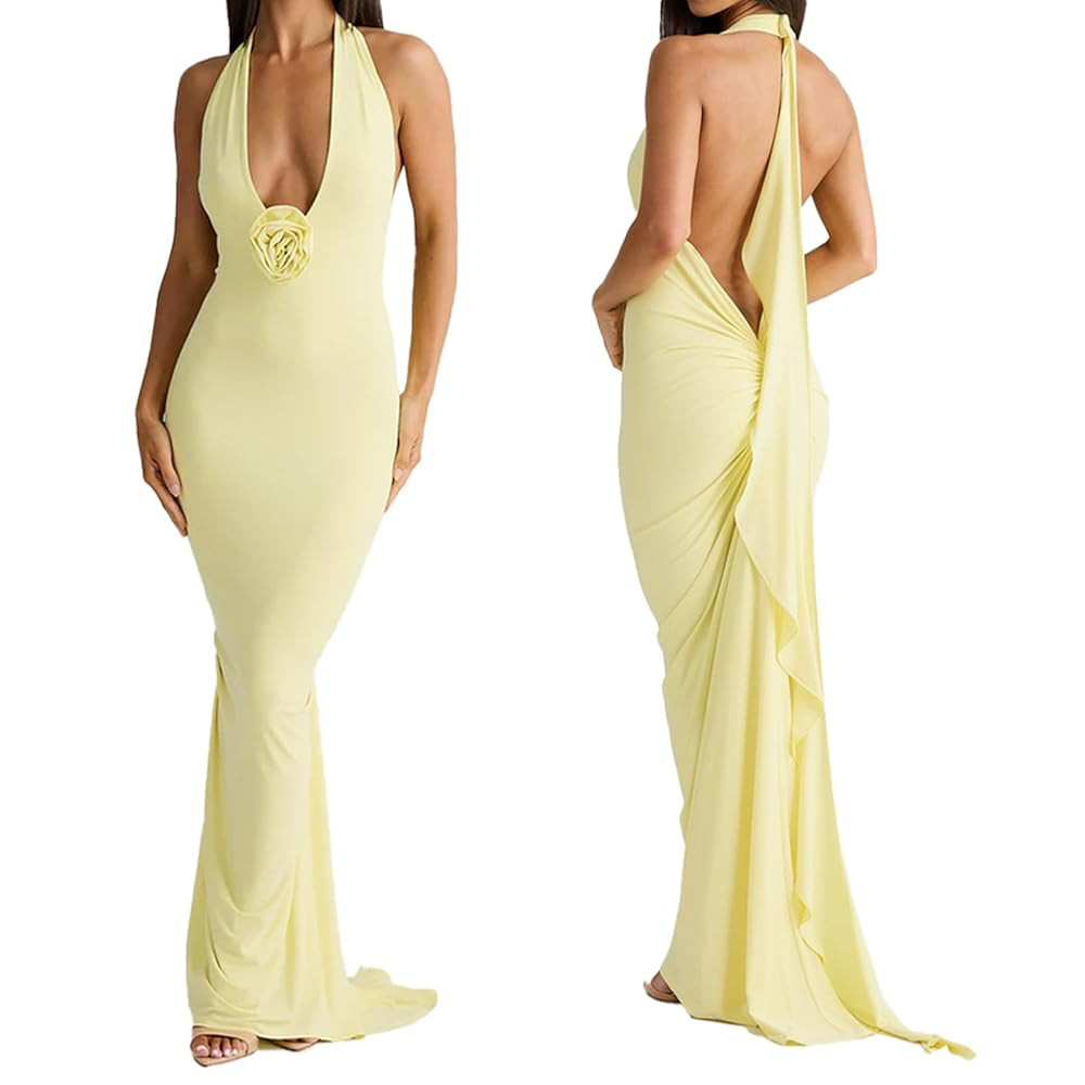 Women Sexy Backless Dress Halter Deep V Neck Detachable Flower Sleeveless Open Back Maxi Dress Co... | Amazon (US)