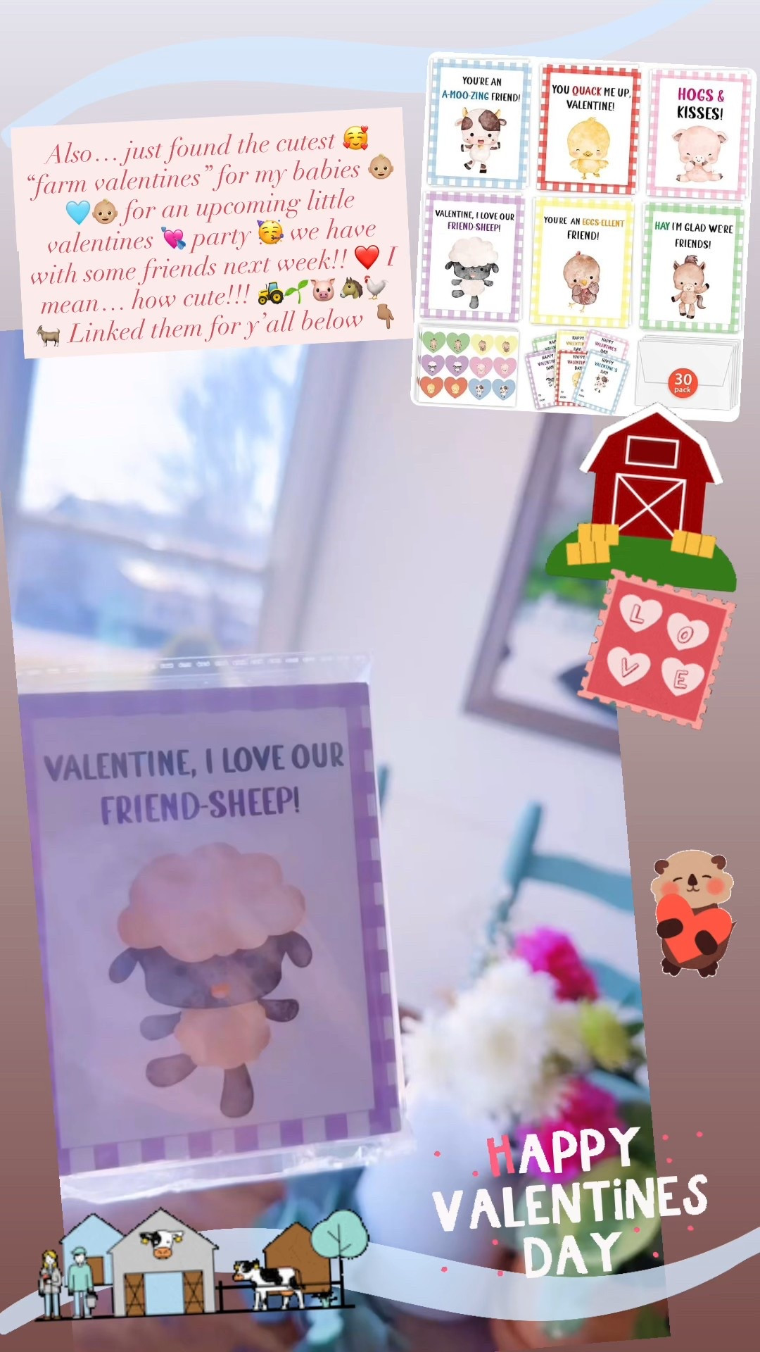 Also… just found the cutest 🥰 “farm valentines” for my babies 👶🏼🩵👶🏼 for an upcoming little valentines 💘 party 🥳 we have with some friends next week!! ❤️ I mean… how cute!!! 🚜🌱🐷🐴🐓🐐 Linked them for y’all below 👇🏽 
