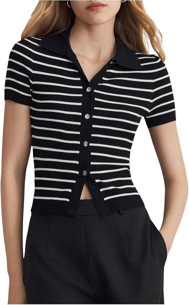 Verdusa Women's Old Money Striped Knit Tops Button Down Short Sleeve Sweaters Collared Tee Tops | Amazon (US)