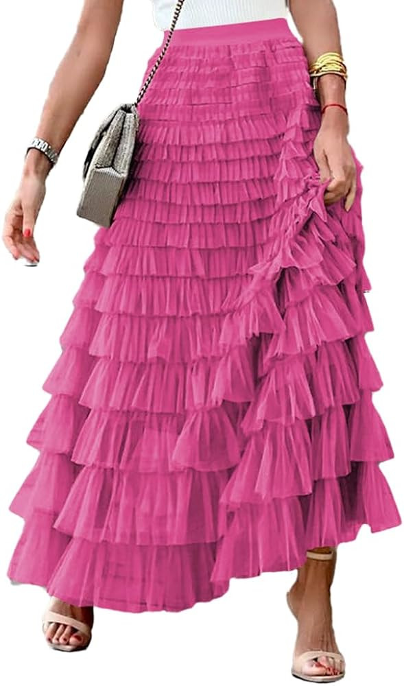 peassa Women's Trendy Long Skirts Elastic Waist Ruffle Tiered Tulle Fairy Skirt Party Cake Puffy ... | Amazon (US)
