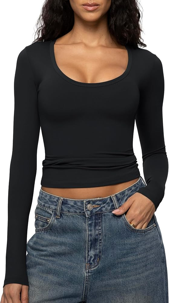 ENERFUL Women's 2/3 Pack Long Sleeve Shirts Scoop Neck Slim Fitted Tight Basic Casual Going Out S... | Amazon (US)