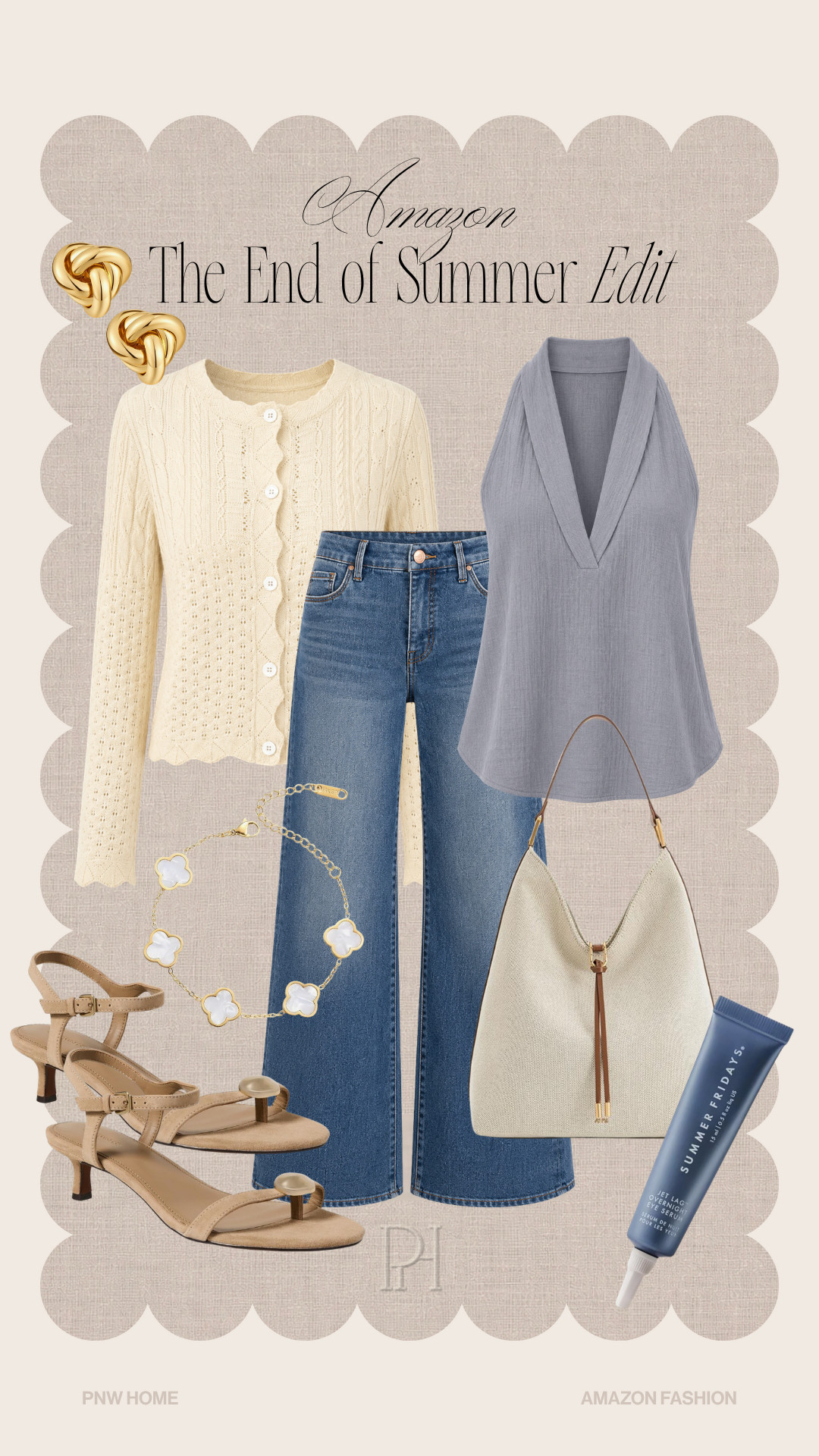 My latest Amazon style favorites for the end of summer!

summer style, summer fashion, summer look, summer outfit, layered look, wide leg jeans, dark denim jeans, dusty blue top, sleeveless blouse, lightweight cardigan, knot earrings, gold earrings, bracelet, suede sandals, tan sandals, kitten heel sandals, off-white handbag, eye serum, skincare 

 #LTKgrwm #LTKootd #LTKSeasonal