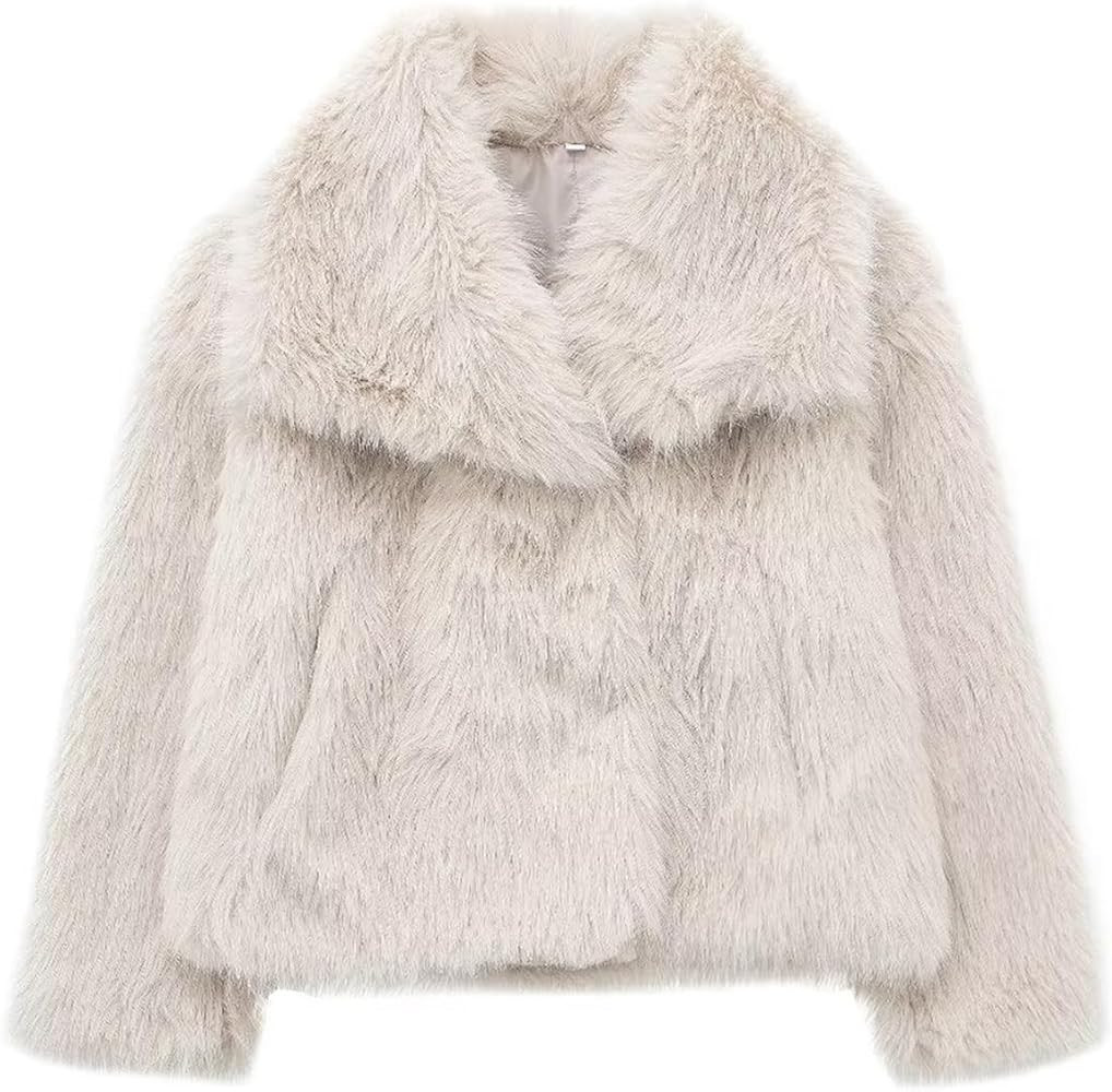 Women Faux Fur Coat Long Sleeve Lapel Collar Warm Winter Coat Outwear Streetwear | Amazon (US)