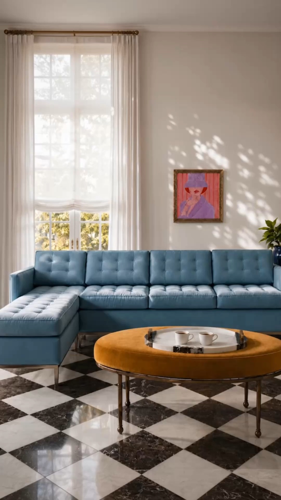 Morning coffee feels especially inviting in this chic modern living room. A blue mid-century modern sectional anchors the space, while the colorful artwork adds personality and the layered sheer Roman shade with white linen drapes creates a relaxed, elegant softness. Beautiful natural light gives the entire room a fresh, summery mood.#ModernLivingRoom #MidCenturyModern #BlueSectional #LivingRoomDesign #RomanShade #LinenDrapes #WindowTreatments #Artwork #MorningCoffeeMoment #SummerInteriors #ModernClassic #InteriorInspiration #CoffeeTableStyle #HomeDecor

#LTKHome #LTKdayinmylife #LTKHome #LTKSaleAlert