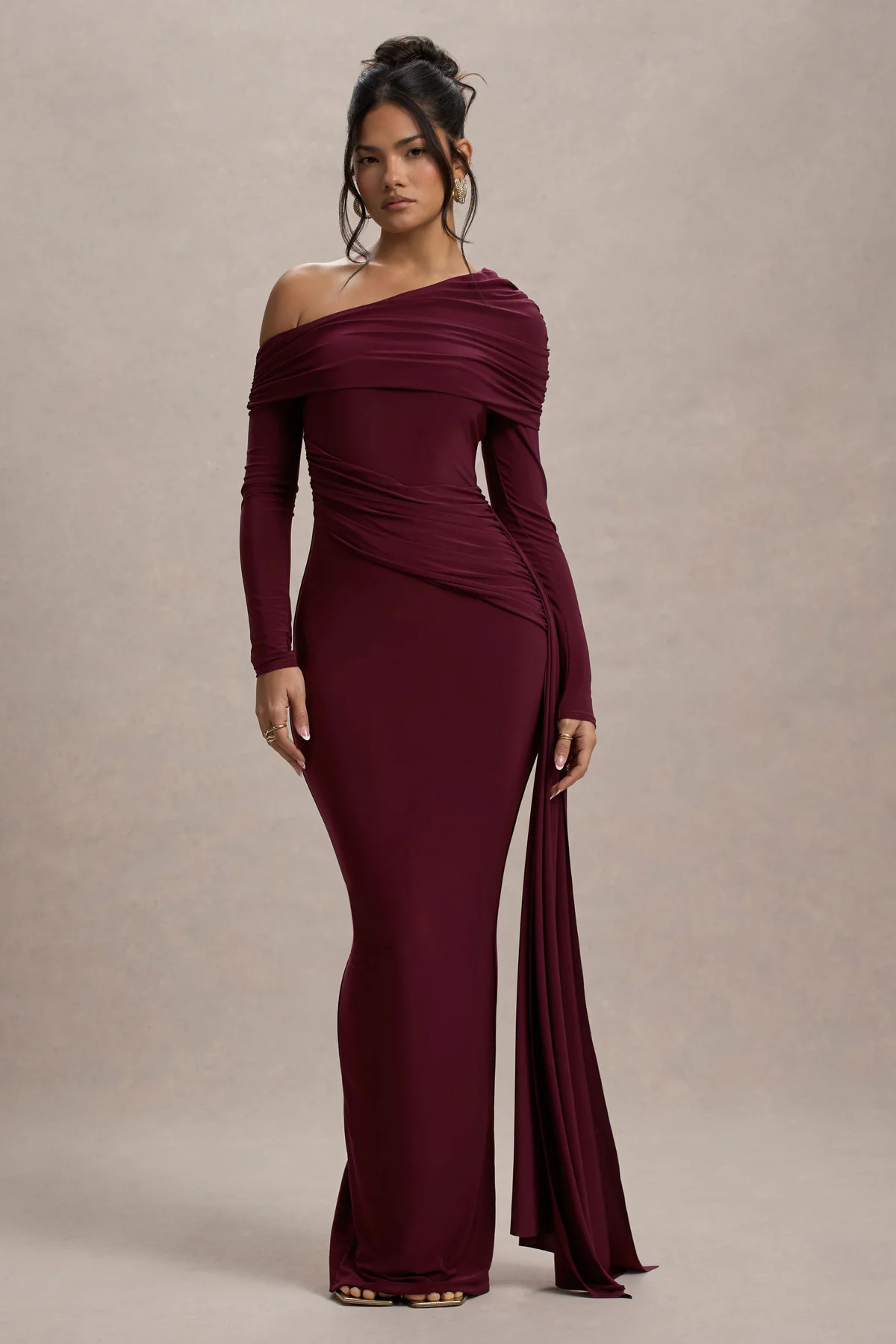 Valina | Burgundy Ruched Asymmetric Maxi Dress With Drape | Club L London