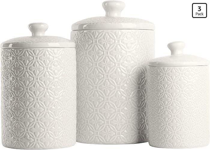 10 Strawberry Street Embossed Ceramic Kitchen Canister Set, Set of 3, Hampton White | Amazon (US)