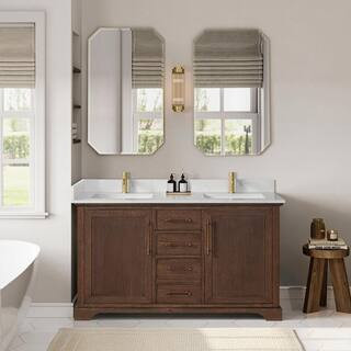 ROSWELL Tokyo 60 in. W. x 22 in. D x 33.9 in. H Double Bath Vanity in Aged Dark Brown Oak with Si... | The Home Depot