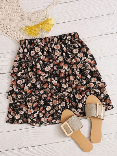 SHEIN Floral Print Layered Skirt | SHEIN
