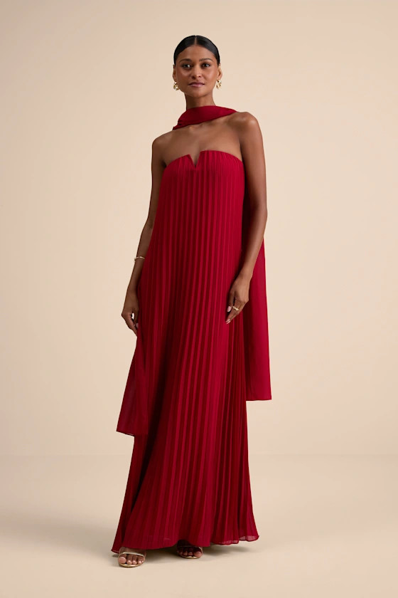 Lael Dark Red Pleated Strapless Dress and Scarf Set | Lulus