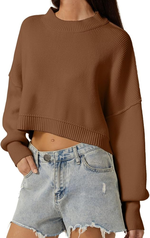 QINSEN Women's Mock Neck Cropped Sweater Long Sleeve Drop Shouler Oversized Knit Pullover Tops | Amazon (US)