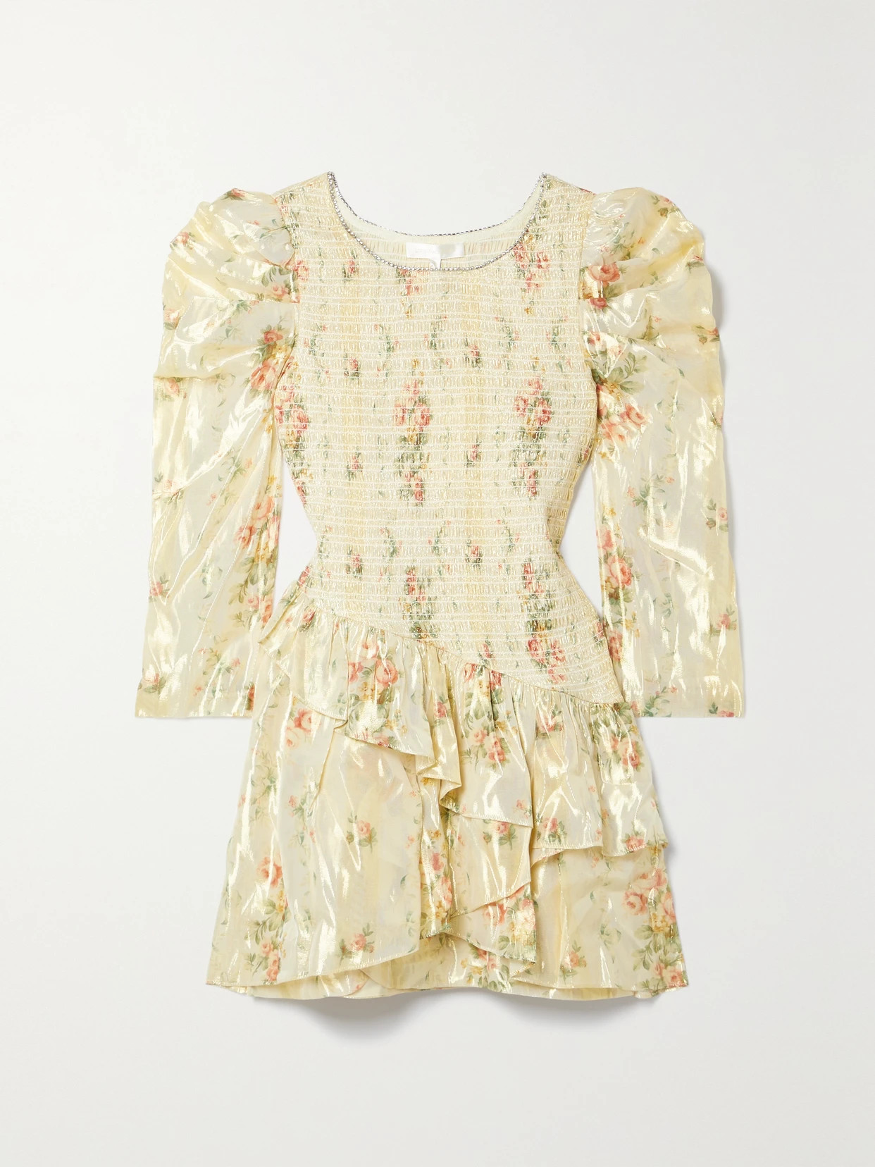 LoveShackFancy - Greenwich Embellished Shirred Floral-print Lamé Mini Dress - Cream | NET-A-PORTER (US)
