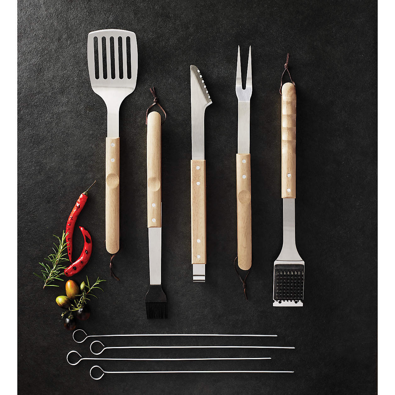 Wood-Handled 9-Piece Barbecue Tool Set + Reviews | Crate & Barrel | Crate & Barrel
