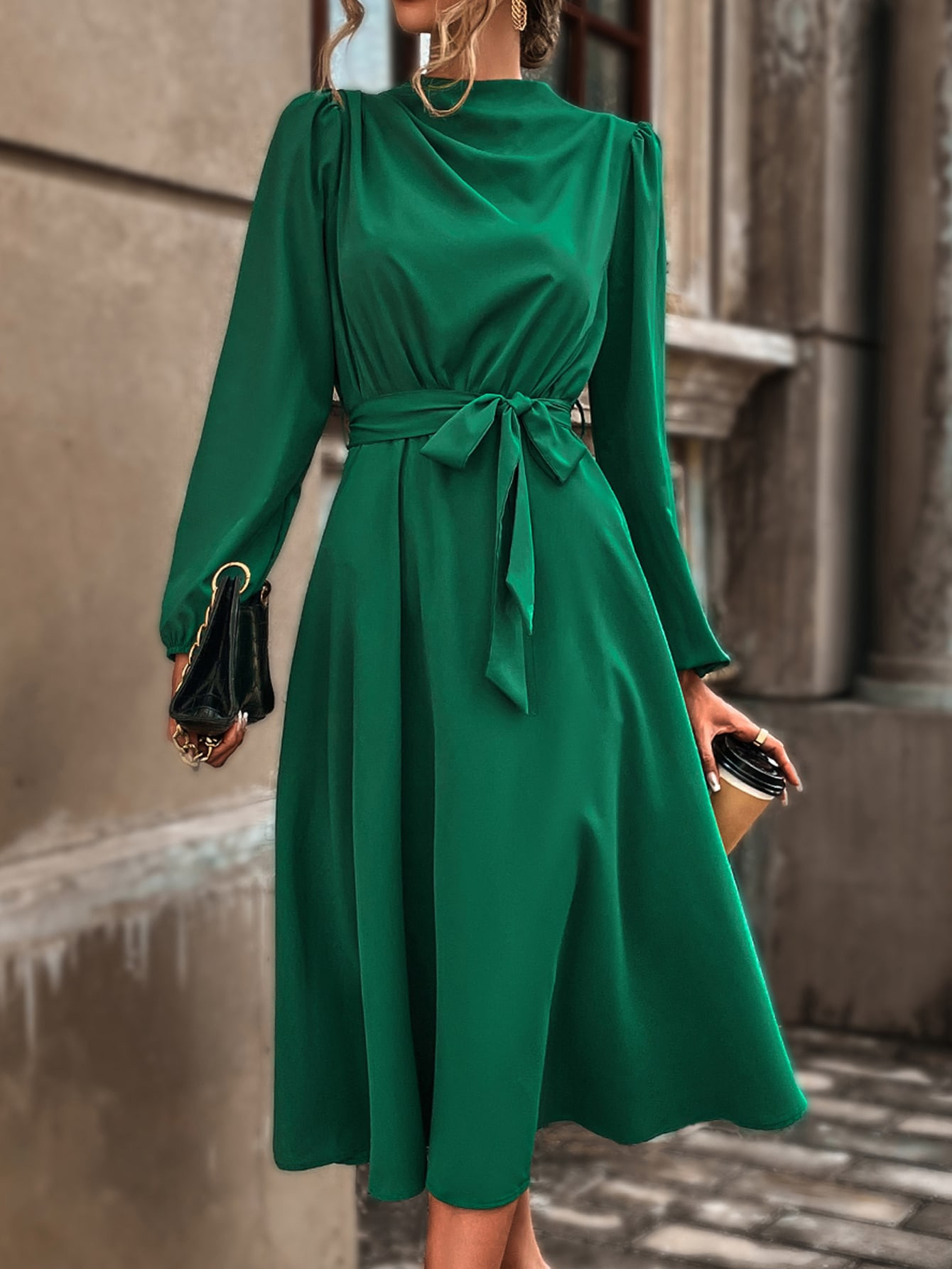 SHEIN Privé Kleid mit Gürtel, Stehkragen, Laternenärmeln | SHEIN