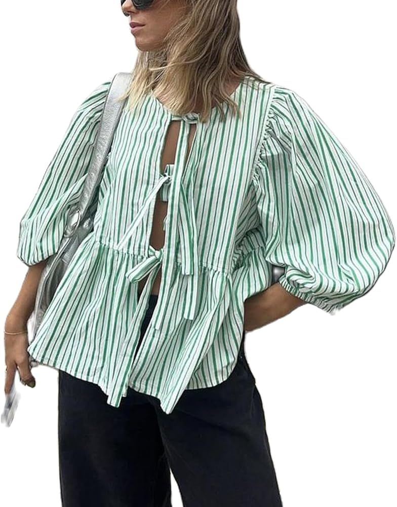 Womens Y2k Puff Sleeve Peplum Blouse Top Front Tie Striped Checkered Babydoll Tees Shirt Scandi F... | Amazon (US)