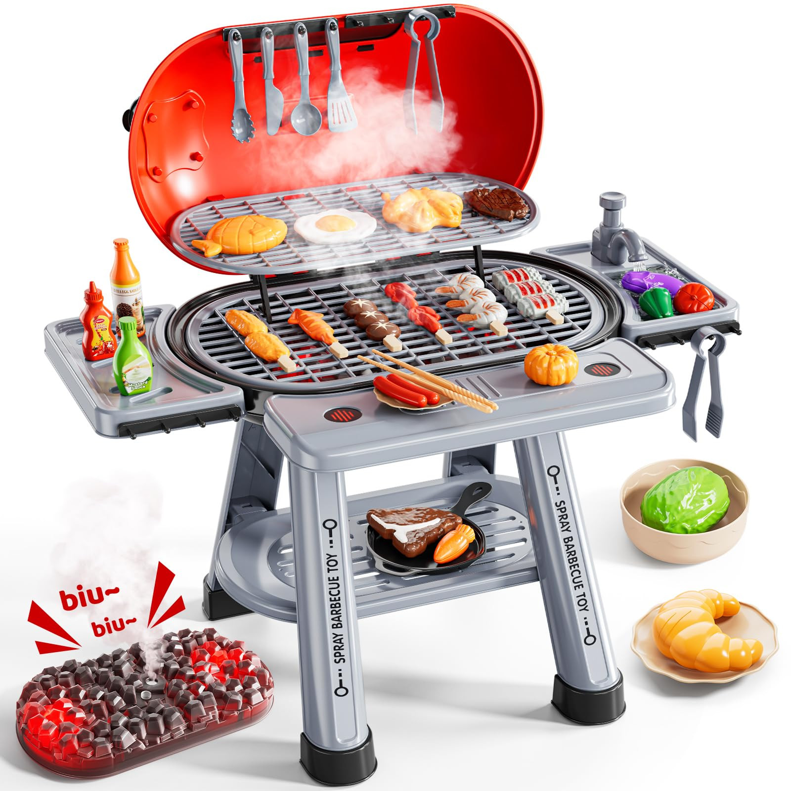 Kids Kitchen Toy Set, Kids BBQ Grill Kitchen Playset with Smoke, Sound & Light, 2-Layer Barbecue ... | Amazon (US)