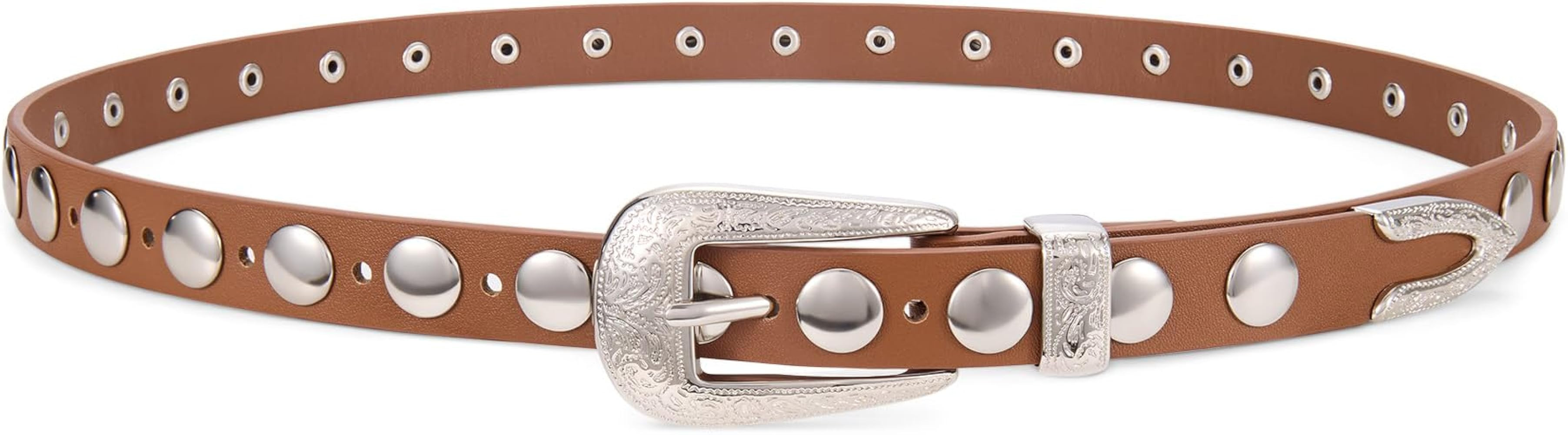 XZQTIVE Women's Punk Studded Skinny Belt – Western Belt with Engraved Buckle for Jeans & Dresse... | Amazon (US)