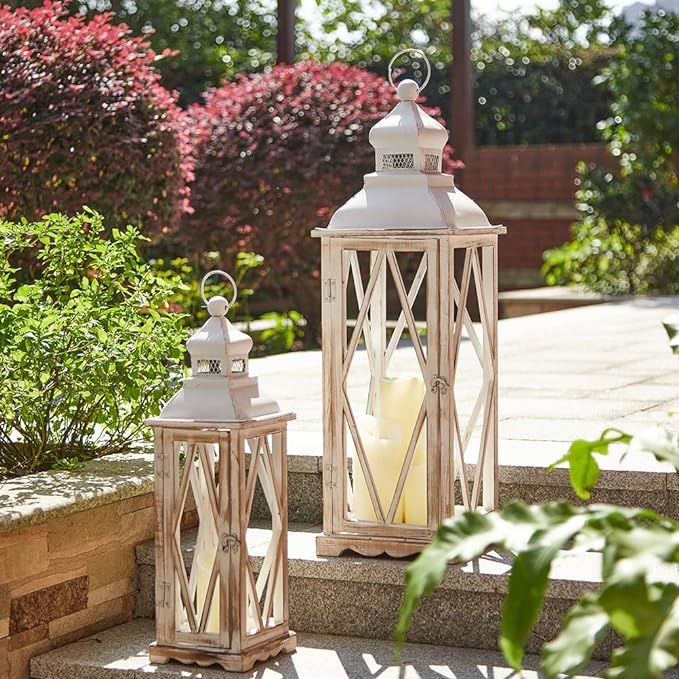 Glitzhome Farmhouse Wood Metal Lanterns Decorative Hanging Candle Lanterns White Set of 2 (No Gla... | Amazon (US)