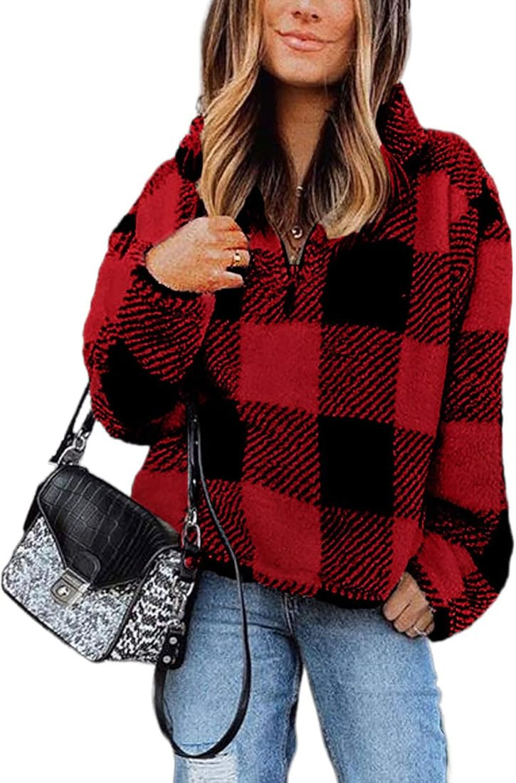 Ivay Womens Buffalo Plaid Sweatshirt Quarter Zip Checkered Fleece Pocketed Pullover Jacket Coat | Amazon (US)
