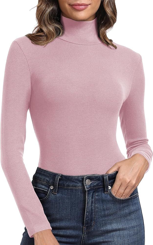 PALINDA Women's Ribbed Turtleneck Fitted Long Sleeve Shirts Basic Thermal Layering Tops | Amazon (US)