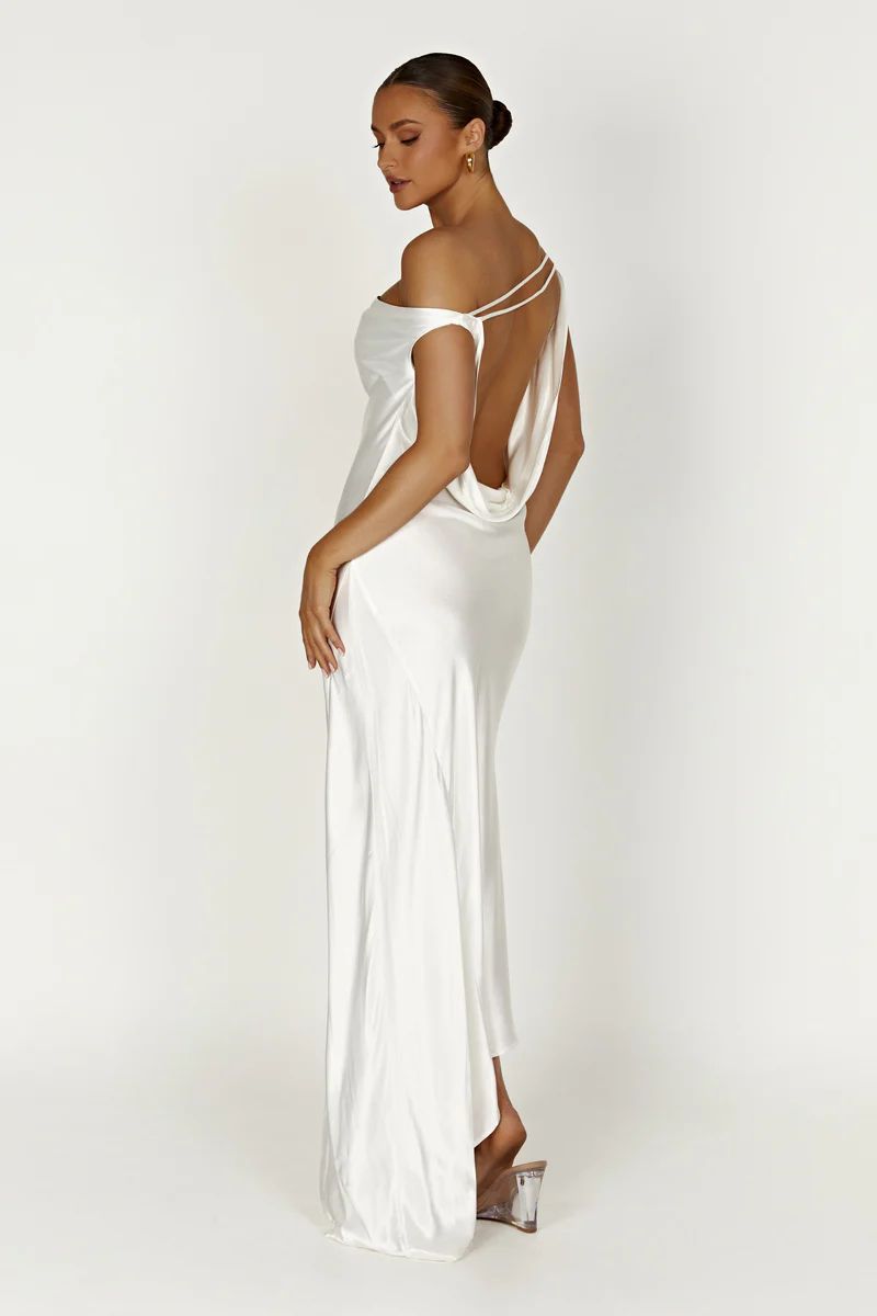 Yvette Slip Maxi Dress With Asymmetrical Hem - White | MESHKI US