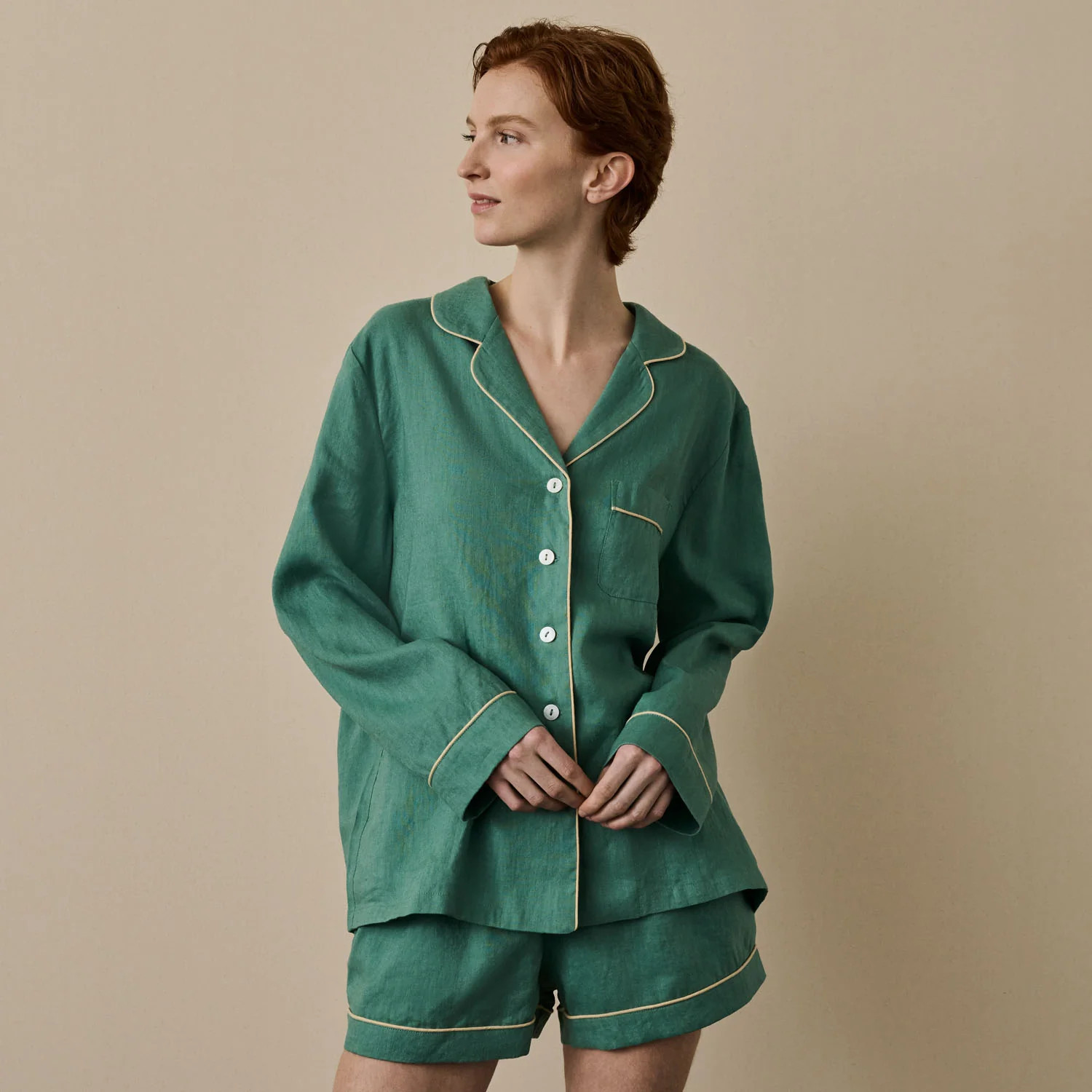 Tranquil Green Linen Women's Pyjama Shorts Set | Piglet