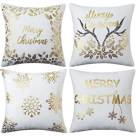 JOHOUSE Christmas Pillow Covers, 4 Pack of Golden Snowflakes Christmas Happy Decorative Sofa Pill... | Amazon (US)