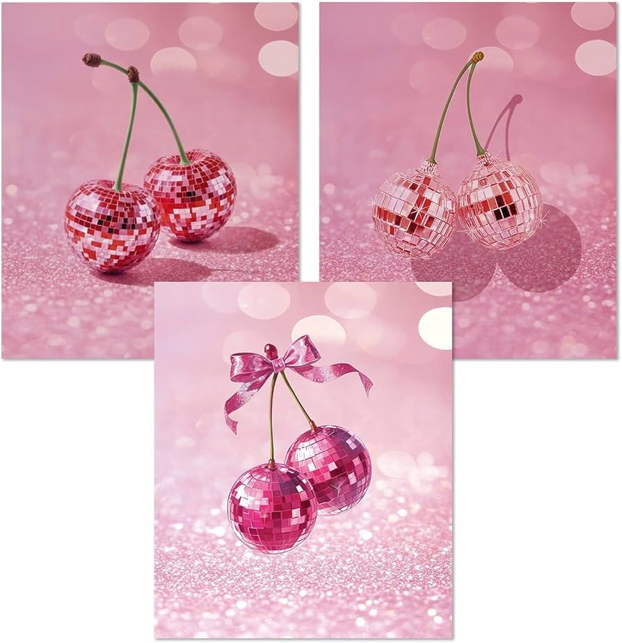 JWVK Trendy Preppy Pink Cherry Diamond Art Kits 3 Pack, Coquette Bow Funky Retro Disco Cherry Bal... | Amazon (US)