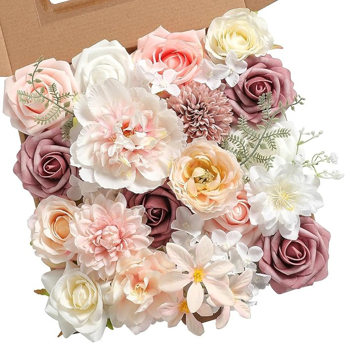 Artificial Flowers Combo Pink Mauve Fake Roses Silk Flowers with Stems for DIY Wedding Bridal Bou... | Amazon (US)