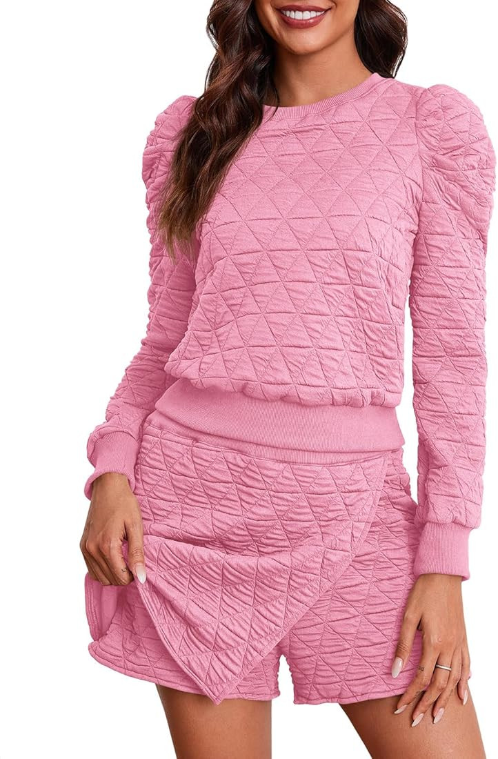 Fisoew - Conjunto de ropa de descanso de dos piezas para mujer, sudadera de manga larga con rombo... | Amazon (US)