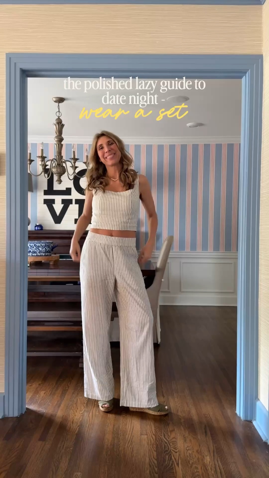 The polished lazy guide to date night - wear a set! Add a layer, grab a cute bag, and you’re ready to head out the door with minimal effort while still looking polished  

Top and pants - wearing a small. The Viscata wedges are amazing and run true to size. I’d say if you’re between sizes, go up. Bag is Rough & Tumble and not able to be linked, unfortunately  